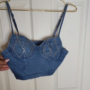 Blue Denim Bustier Top with Rhinestone Detail